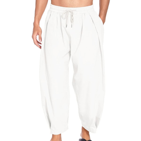 sommer mænd capri bukser elastiske bukser med snøre sidelommer White XL