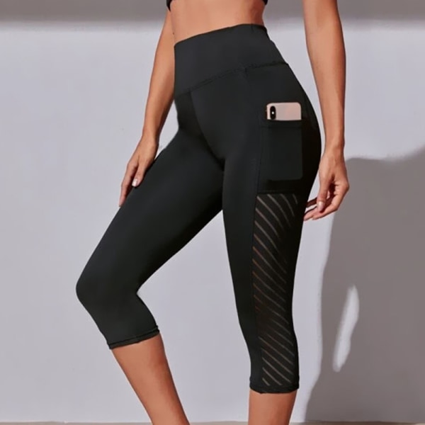 Yogabyxor med hög midja för kvinnor Sports Cropped byxor med fickor svart M