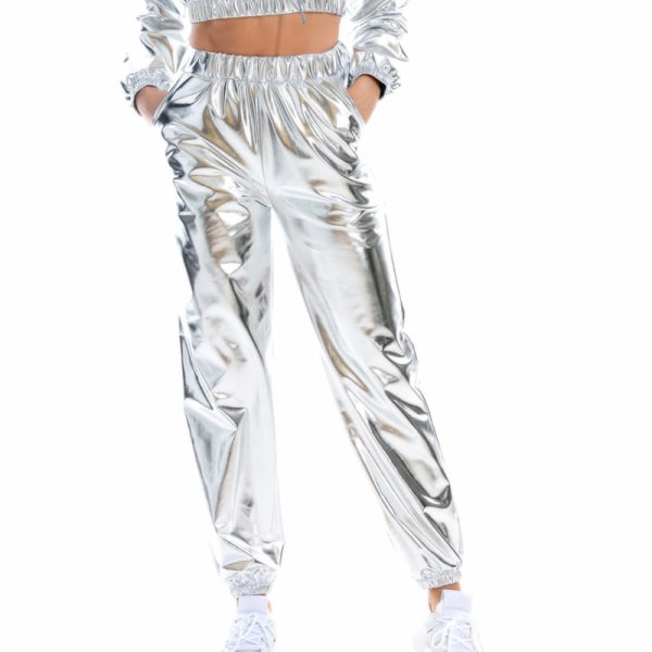Kvinder High Waist Bukser Metallic Loungewear Shin Bukser Silver L