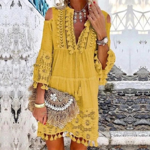 Naisten pitsipatchwork 3/4-hihaiset mekot Summer Beach Sundress Yellow M