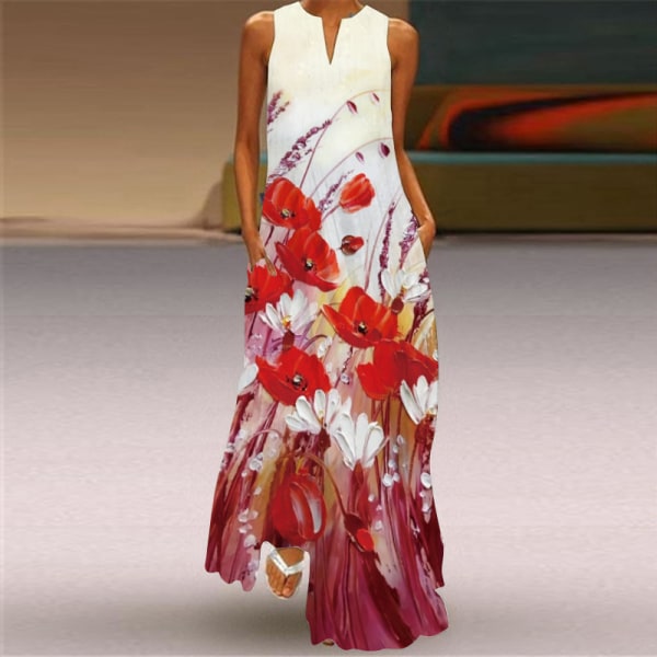 Kvinder Sommer Maxikjole Løs ærmeløs lang kjole med lommer Style H 5XL e29c  | Style H | Polyester | Fyndiq