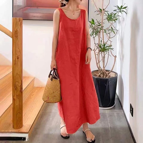 Kvinnor ärmlösa Maxiklänningar Enfärgad sommar strandsolklänning Western Red 3XL