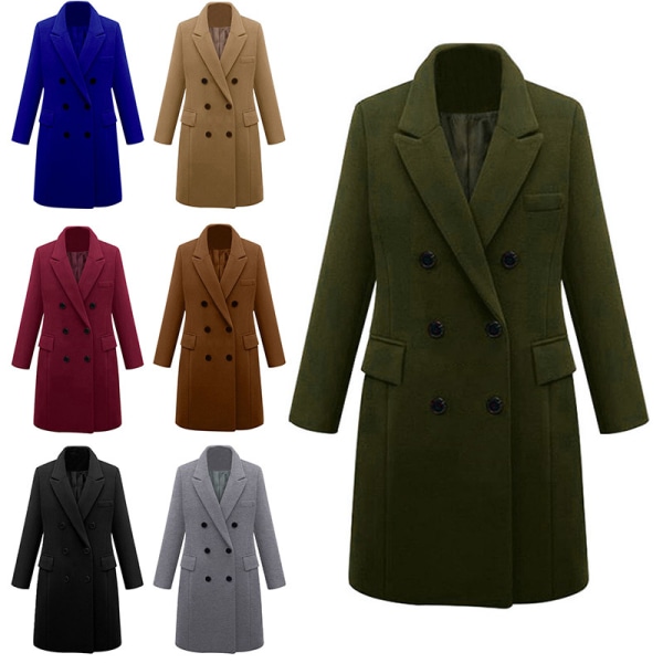 Kvinder dobbeltradet lang trenchcoat turn-down krave cardigan Svart 2XL