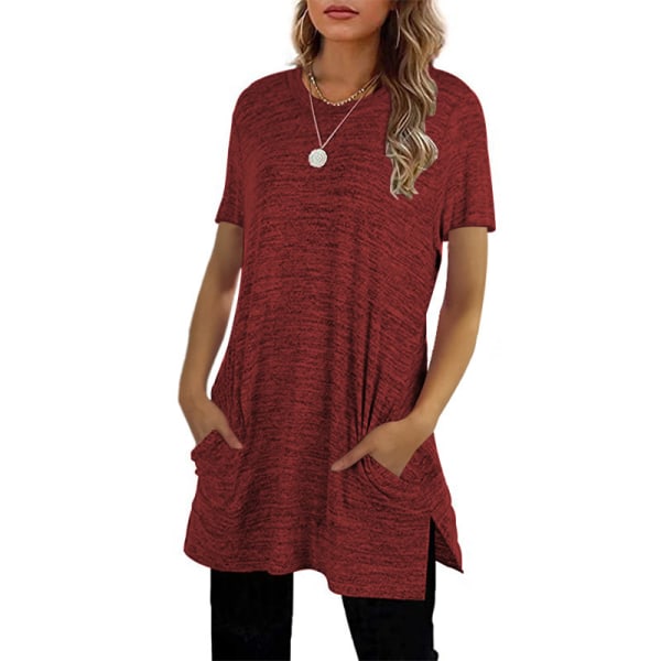 Kvinders afslappet kortærmet T-shirt med løs lomme med trøje Red wine,S