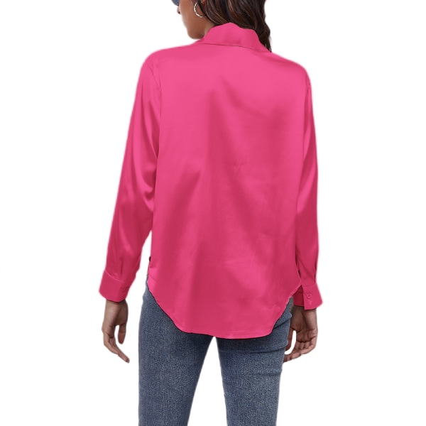 Böjd blus för dam Tunikaskjorta Satin långärmade T-shirts Rose Red XL