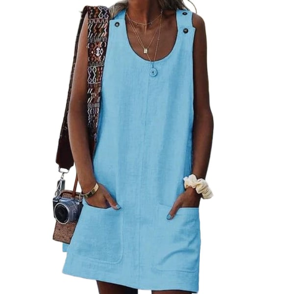 Dame kort mini kjole rund hals sommer strand solkjole tank kjole Light Blue XL