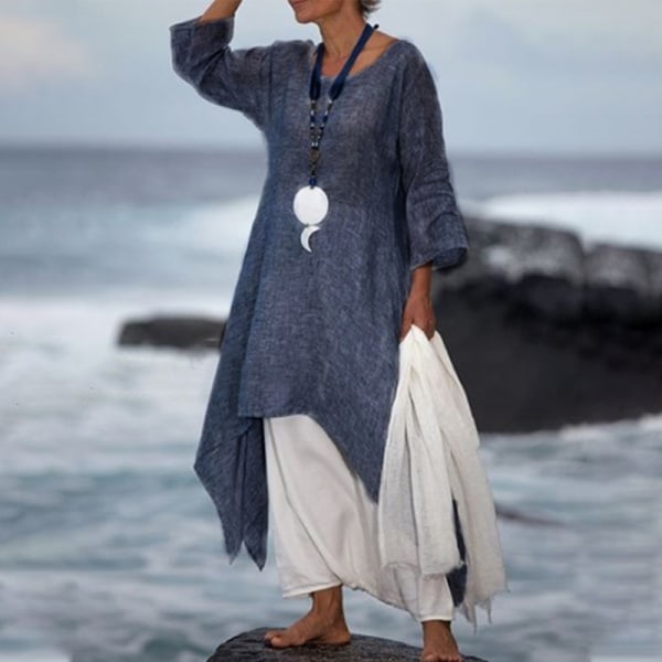 Kvinnor Långärmade Summer Beach Sundress Klänningar med rund hals Dark Blue XL