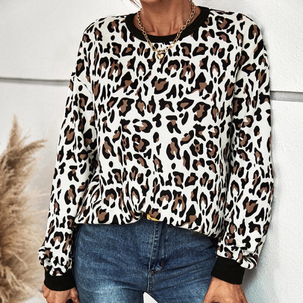 Kvinder Leopard Print Baggy Sweatshirts Langærmede rund hals toppe Beige L