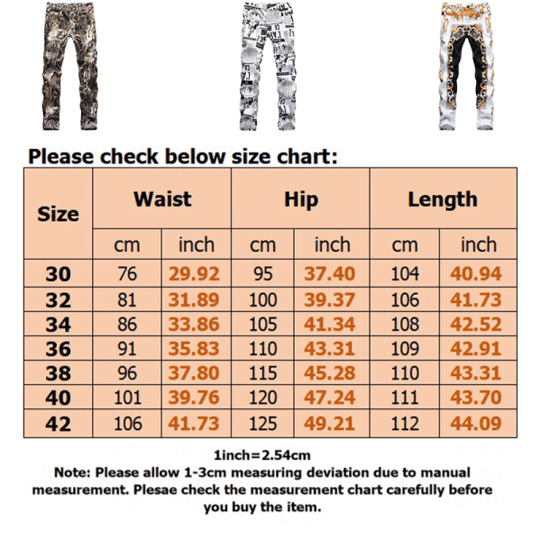 Män casual print jeans mode stretch byxor med raka ben Newspaper,34