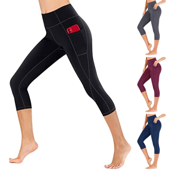 Capri Yoga byxor för kvinnor med hög midja, cropped byxor Pocket Fitness black,XXL