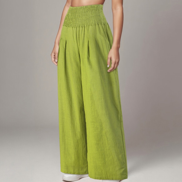 Kvinder højtaljeunderdele Løs afslappet bomuldslinned Pant med brede ben Bright Green L