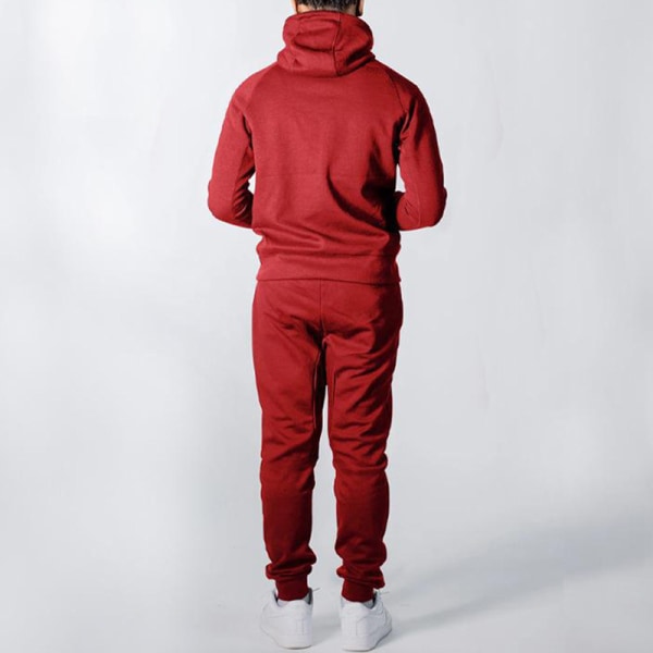 Joggerset med dragkedja för män för män Långärmad Hooded Plain Sweatsuit Röd 2XL