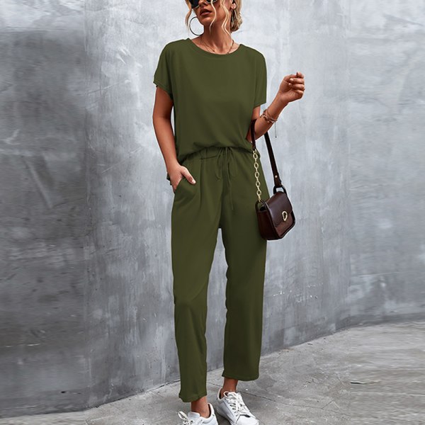 Kvinder kortærmet pyjamas sæt rund hals loungewear sæt Green M
