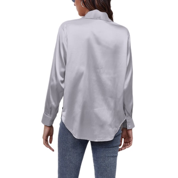 Böjd blus för dam Tunikaskjorta Satin långärmade T-shirts Gray S