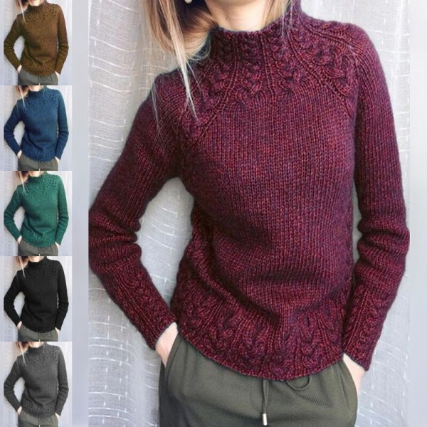 Kvinder langærmet højhalset striktrøjer ensfarvet sweater Claret 3XL