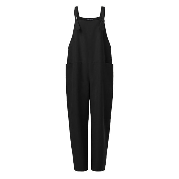 Kvinder Sommerbukser Jumpsuit Bomuld Linned Overall Suspender Bukser Black,M