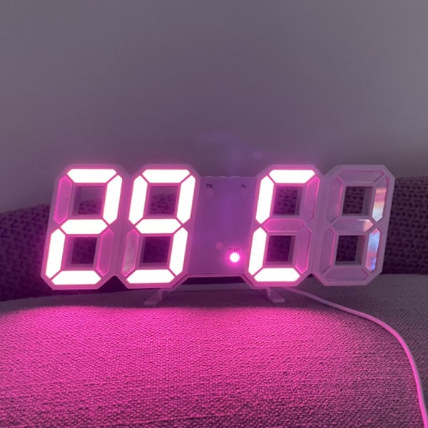 3D Digital Bord Vægur LED Natlys Dato Tid Alarm Pink 13.5*7.5*4.11cm