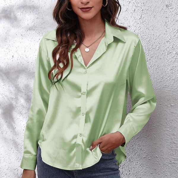 Böjd blus för dam Tunikaskjorta Satin långärmade T-shirts Light Green M