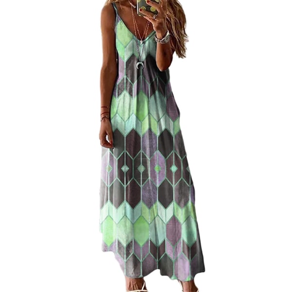 Kvinnors geometriskt print ärmlös sling lång klänning green,3XL