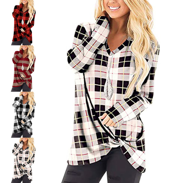 Damemode Plaid-stribet Longline langærmet V-hals T-shirt Svartvitt XL