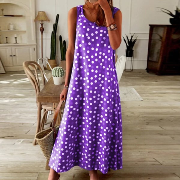 Dame Løs Lang Kjole Spaghetti Strap Swing Kjoler Polka dot Purple L