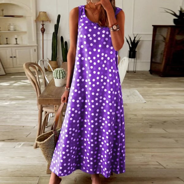 Naisten löysät pitkät mekot Spagettihihna Swing Mekot Polka dot Purple 2XL