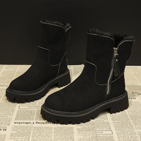 Kvinnor Tjock Fleece Vinter Varma Skor Låg Vad Sida Zip Snow Boot Svart 42