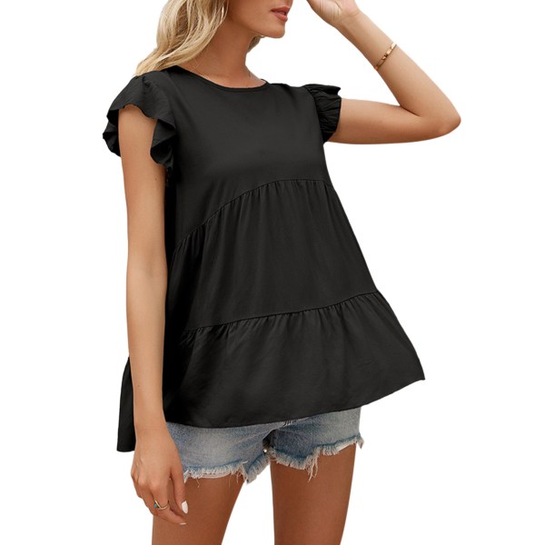 T-shirt med volanger med rund hals, kortärmad topp för kvinnor black,M