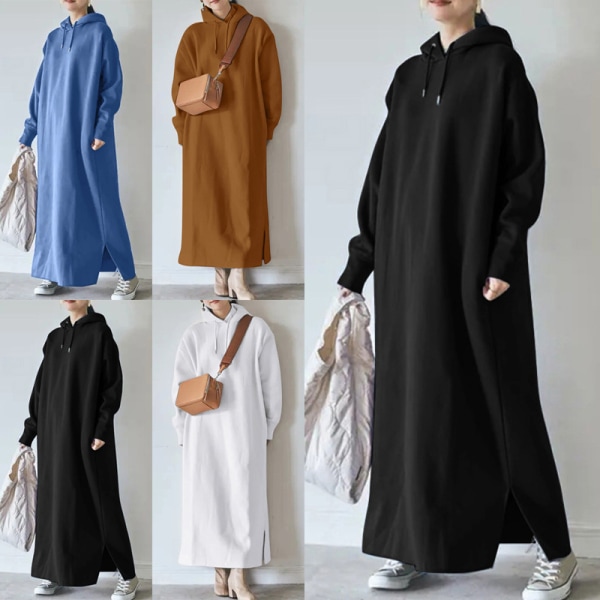 Kvinder Ensfarvet Pullover Fleece Foret Side Slid Hætte kjoler Svart 3XL