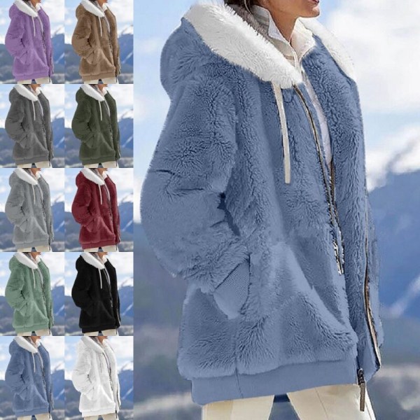 Naisten yksivärinen neuletakki vetoketjullinen Sherpa-takki Light Grey 5XL
