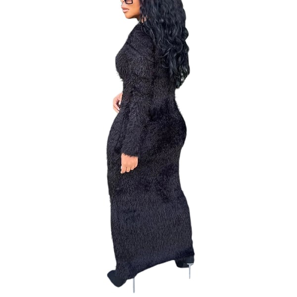 Langærmede maxikjoler til kvinder, trøje afslappet kjole med rund hals Black XL