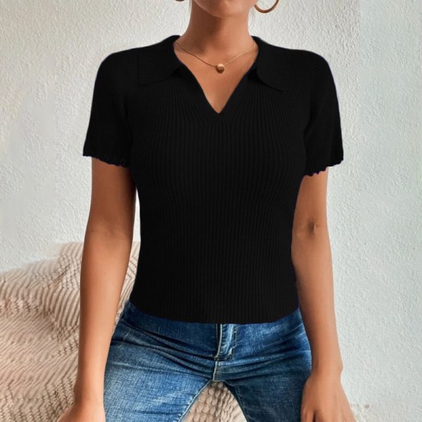 Kvinnor Kortärmade Crop Tops Krage T-shirts Black S