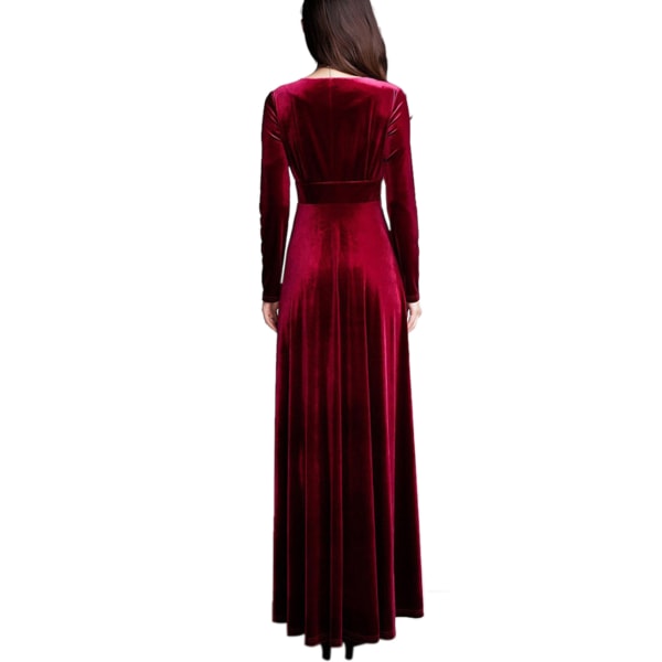 Vinter dame V-udskæring guldfløjl cocktail langærmet kjole red wine,XL