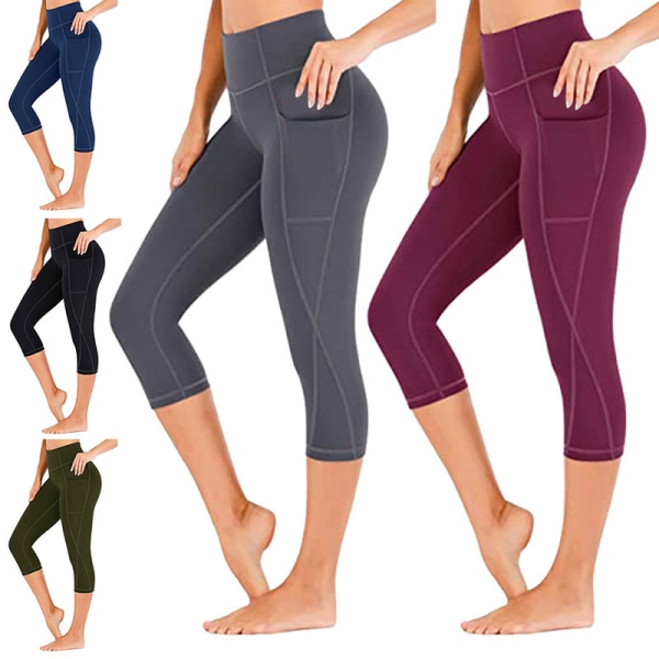 Capri Yoga byxor för kvinnor med hög midja, cropped byxor Pocket Fitness gray,S