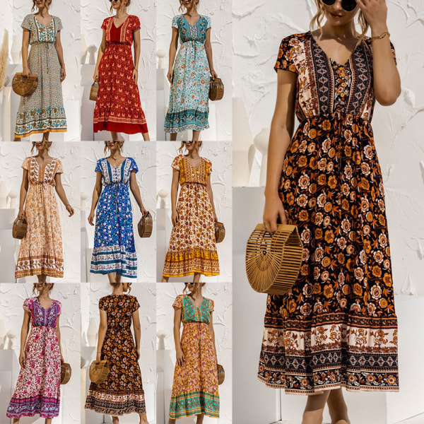 Naisten Maxi-mekot print pitkä mekko Sundress lyhythihainen Beige L