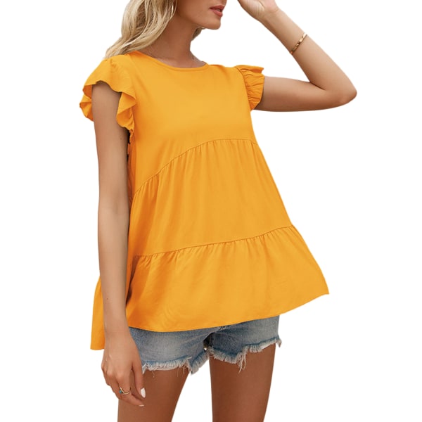 T-shirt med volanger med rund hals, kortärmad topp för kvinnor yellow,L
