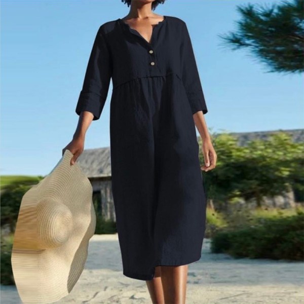 Beach Summer Dress for Womens 3/35 ärm lös midiklänning V-ringad Black L