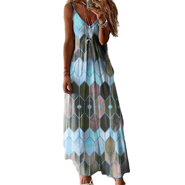Kvinnors geometriskt print ärmlös sling lång klänning Sky blue,3XL