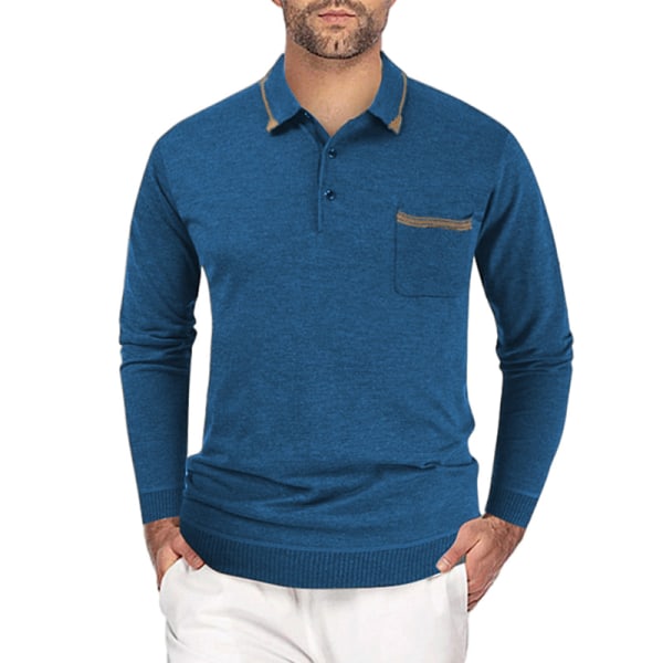 Herre ensfarvet Pocket Up Polo Shirts Business Lapel Blue XXXL