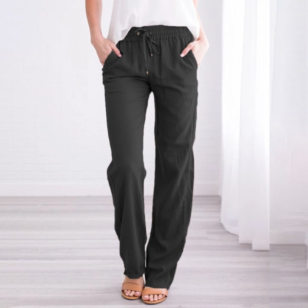 Kvinders bomuldslinjebukser med mellemtalje og elastiske lange bukser med brede ben Black US 2XL