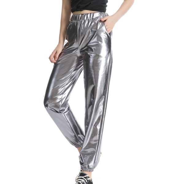 Kvinder High Waist Bukser Metallic Loungewear Shin Bukser Gray L