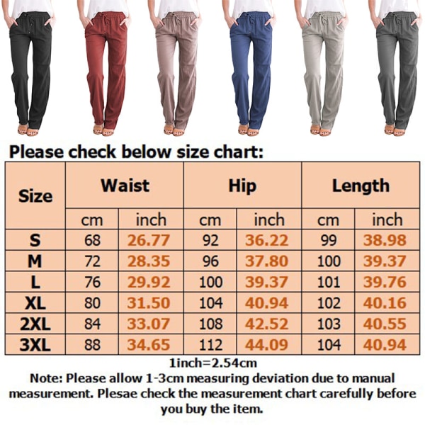 Kvinders bomuldslinjebukser med mellemtalje og elastiske lange bukser med brede ben Black US XL