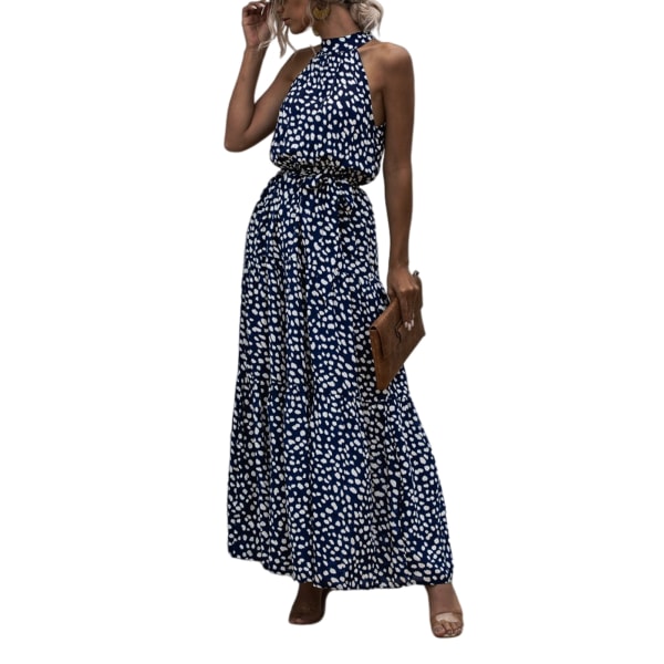 Dam Sexig Halterneck Polka Dot Print Lång Klänning Blue,S