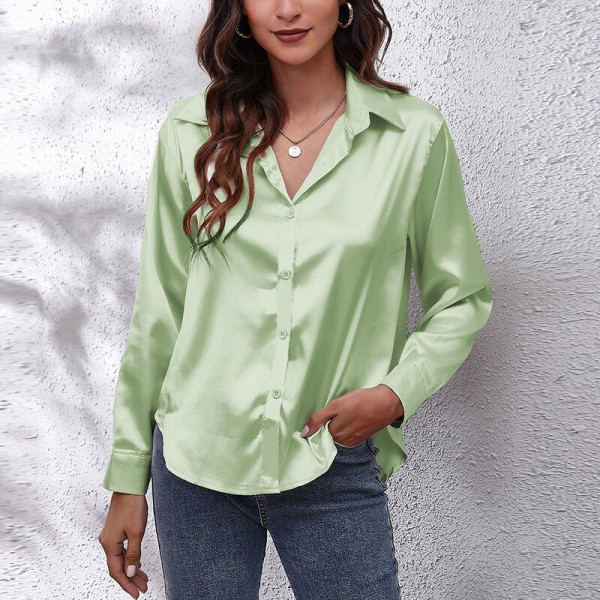 Böjd blus för dam Tunikaskjorta Satin långärmade T-shirts Light Green M