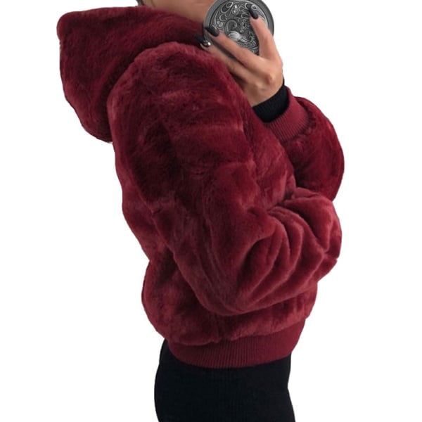 Dame-hættetrøje Fleece-frakke Fluffy, varm hættejakke Red Wine,XL