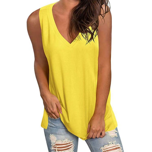 V-ringad ärmlös väst lös t-shirt med camisole-topp för kvinnor yellow,L