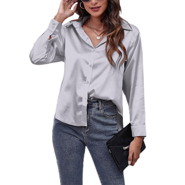 Böjd blus för dam Tunikaskjorta Satin långärmade T-shirts Gray S
