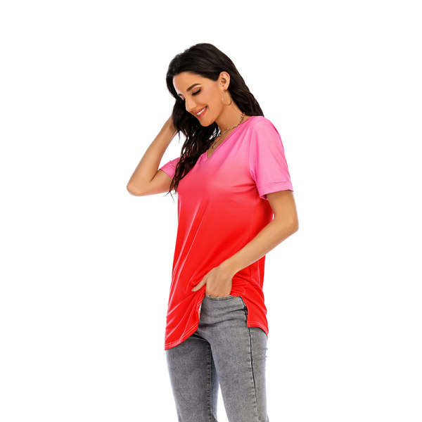 Dam Gradient V-ringad Top Kortärmad T-shirt Sweatshirt Light red,L