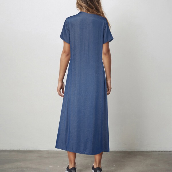 Dam Denim Vanlig Swing Sundress Skjorta Långa Klänningar Knappar Dark Blue XL