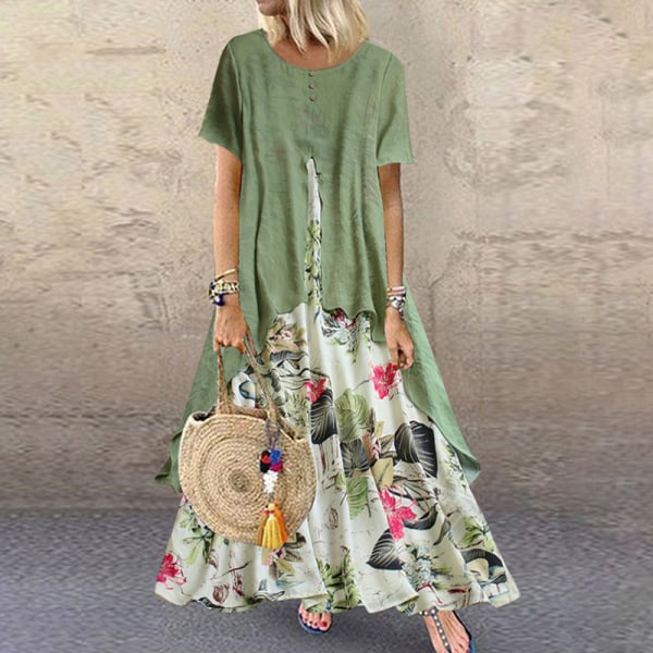 Kvinders bomuldslinned trykt kortærmede falske todelte kjoler Green 2XL